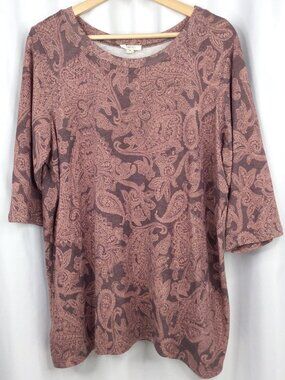 COMO BLU Paisley Top Women's Plus Size 1X Mauve Pink Soft Knit 3/4 Sleeve